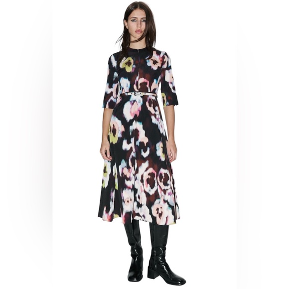 ZARA NWT Medium Abstract Floral Print Flared Hem Dress Fabric Belt MIDI Dress - Picture 1 of 15